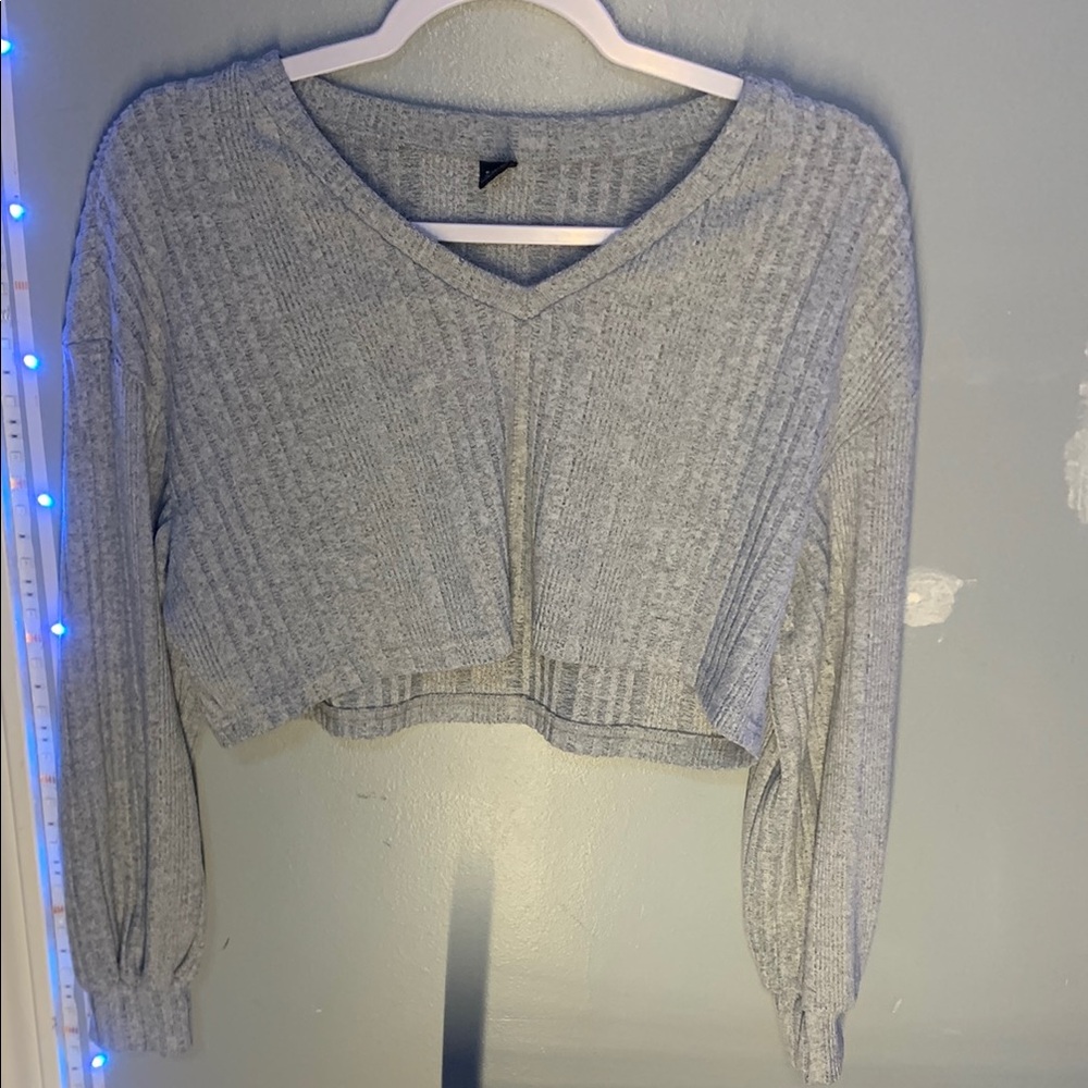 Gray V-Neck Ribbed Women's Top